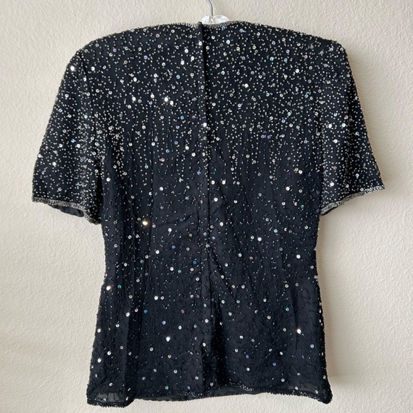 Black Beaded Top Short Sleeve Silver Sequins Bead Trim  Vintage Size Petite PP - Picture 7 of 13